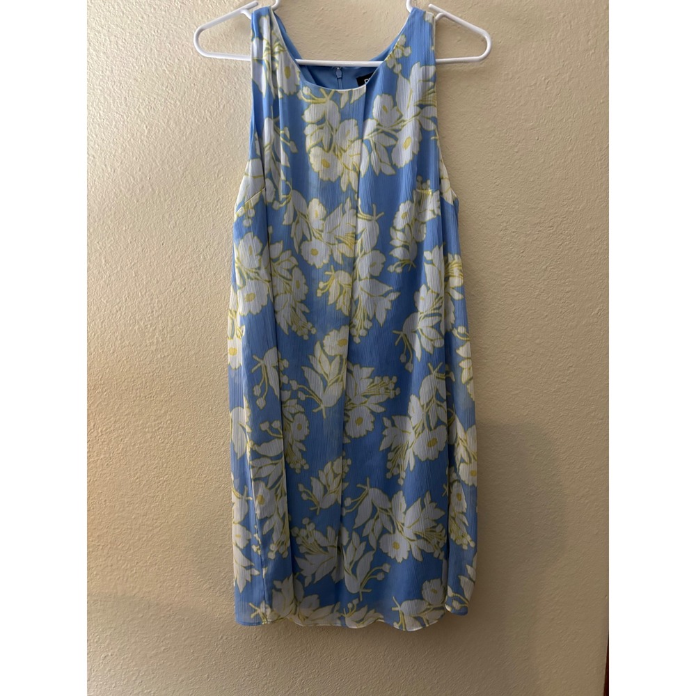 DKNY Blue Floral Sleeveless Pleated Shift Dress Womens Size 14 Knee Length A980
